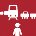 Symbol eines Zuges mit Waggons und einer stilisierten Figur darunter.
